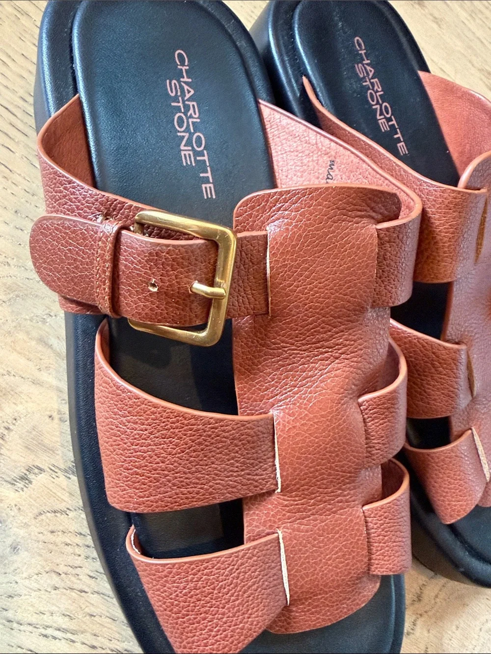 Charlotte Stone brown Woven Leather Slide Sandals with Gold Buckles - Picture 4 of 5